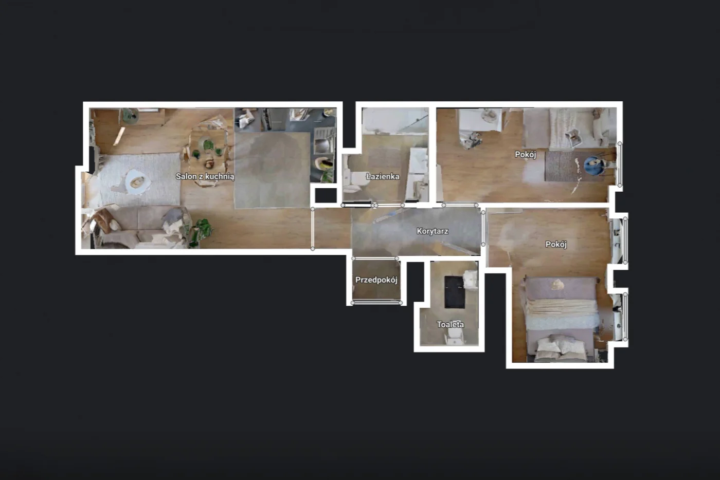 Model 3D Matterport — widok z góry z podpisanymi pomieszczeniami
